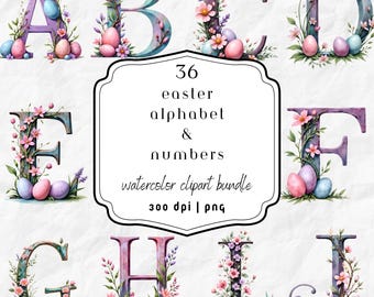 Puede incluir: Conjunto de imágenes prediseñadas de acuarela con el alfabeto y los números, decorados con huevos de Pascua y detalles florales. Las letras son en tonos morados y azules, con flores rosas y huevos pastel. El texto es "36 easter alphabet & numbers watercolor clipart bundle".