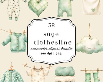 Puede incluir: Conjunto de imágenes prediseñadas de acuarela con ropa de bebé y elementos decorativos en verde salvia. Incluye peleles, una chaqueta, calcetines, un corazón y una nube. El texto de la imagen dice "38 sage clothesline watercolor clipart bundle 300 dpi | png."