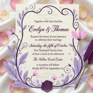 May include: A wedding invitation with a floral design in shades of purple and pink. The invitation features the names "Evelyn & Thomas" and event details. A purple wax seal and a quill pen are also visible.