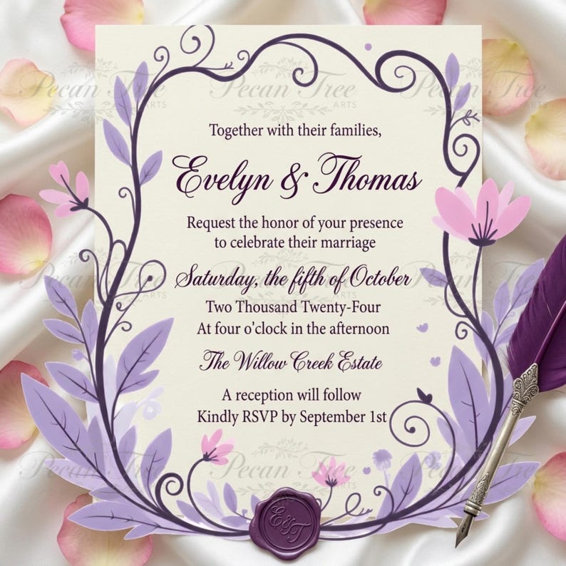 May include: A wedding invitation with a floral design in shades of purple and pink. The invitation features the names "Evelyn & Thomas" and event details. A purple wax seal and a quill pen are also visible.