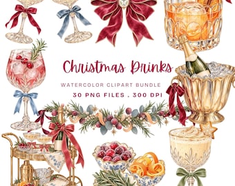 Puede incluir: Conjunto de ilustraciones en acuarela de bebidas navideñas, incluyendo copas de cristal con lazos, un lazo de terciopelo rojo, una cubitera de champán, un carrito de bar, cuencos con arándanos, piel de naranja, romero y el texto Christmas Drinks.