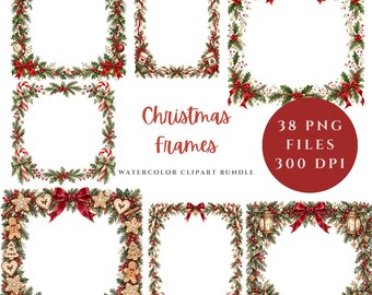Christmas Frames PNG Bundle, 38 Watercolor Christmas Borders, Festive Holiday Clipart, Vintage Christmas Frame PNG, 300 DPI