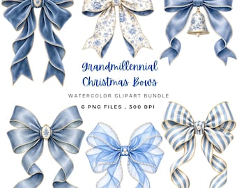 Puede incluir: Una colección de seis lazos decorativos en tonos azul y blanco, con texturas de terciopelo, florales, a rayas y transparentes. Algunos lazos incluyen perlas o una campana colgante. Texto: Grandmillennial Christmas Bows WATERCOLOR CLIPART BUNDLE 6 PNG FILES . 300 DPI.