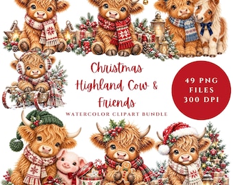 Puede incluir: Un conjunto de imágenes digitales en acuarela que muestra vacas Highland y amigos con ropa navideña, bufandas, gorros y adornos. El texto dice Christmas Highland Cow & Friends 49 PNG FILES 300 DPI.
