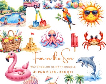 Puede incluir: Una colección de ilustraciones en acuarela con temática veraniega que incluye una piscina, un camión de helados, juguetes de playa, un sol con gafas de sol, un loro, una cesta de frutas, un castillo de arena, un pulpo, un helado y un delfín.