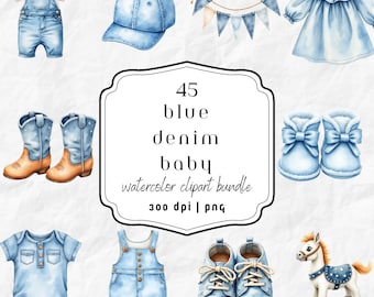 Puede incluir: Conjunto de imágenes prediseñadas de acuarela con ropa y accesorios para bebés en tonos vaqueros azules. Incluye un peto, una gorra, botas, un vestido, zapatos y un caballito balancín. El texto en la imagen dice "45 blue denim baby watercolor clipart bundle".
