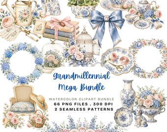 Puede incluir: Una colección digital de ilustraciones en acuarela con patrones florales azules y blancos, que incluye una figura de perro, tazas de té, una regadera, libros, una jaula, una silla, coronas y ramos con el texto Grandmillennial Mega Bundle.