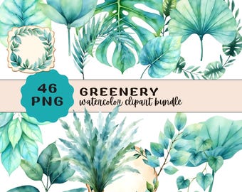 Puede incluir: Paquete de imágenes prediseñadas de acuarela con varias tonalidades de hojas y follaje verdes. Incluye hojas de monstera, helechos y otras plantas tropicales. Se muestra el texto "46 PNG GREENERY watercolor clipart bundle".