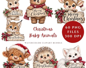 Puede incluir: Una colección digital de bebés animales navideños que incluye un conejo, oso, ciervo, lince, vaca highland, erizo y zorro, cada uno sosteniendo un letrero de madera con el texto Merry Christmas, decorado con lazos rojos y acebo.