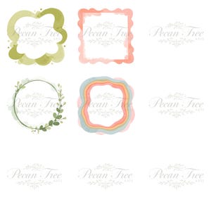May include: A collection of watercolor frames in various shapes and colors. The frames include a green cloud-like shape, a square with scalloped edges in coral, a circular frame with green leaves, and a multi-layered frame with pastel colors. The text "Pecan Tree ARTS" is present.