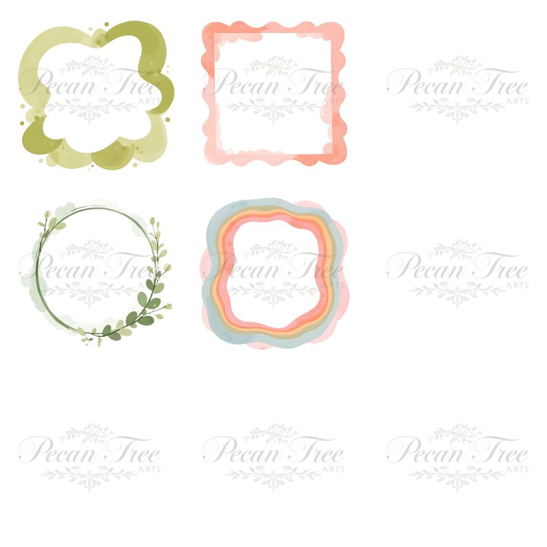 May include: A collection of watercolor frames in various shapes and colors. The frames include a green cloud-like shape, a square with scalloped edges in coral, a circular frame with green leaves, and a multi-layered frame with pastel colors. The text "Pecan Tree ARTS" is present.