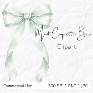 Puede incluir: Ilustración en acuarela de un lazo verde menta con largas cintas fluidas. El texto "Mint Coquette Bow Clipart" está escrito en una fuente delicada. La imagen está sobre un fondo blanco texturizado.