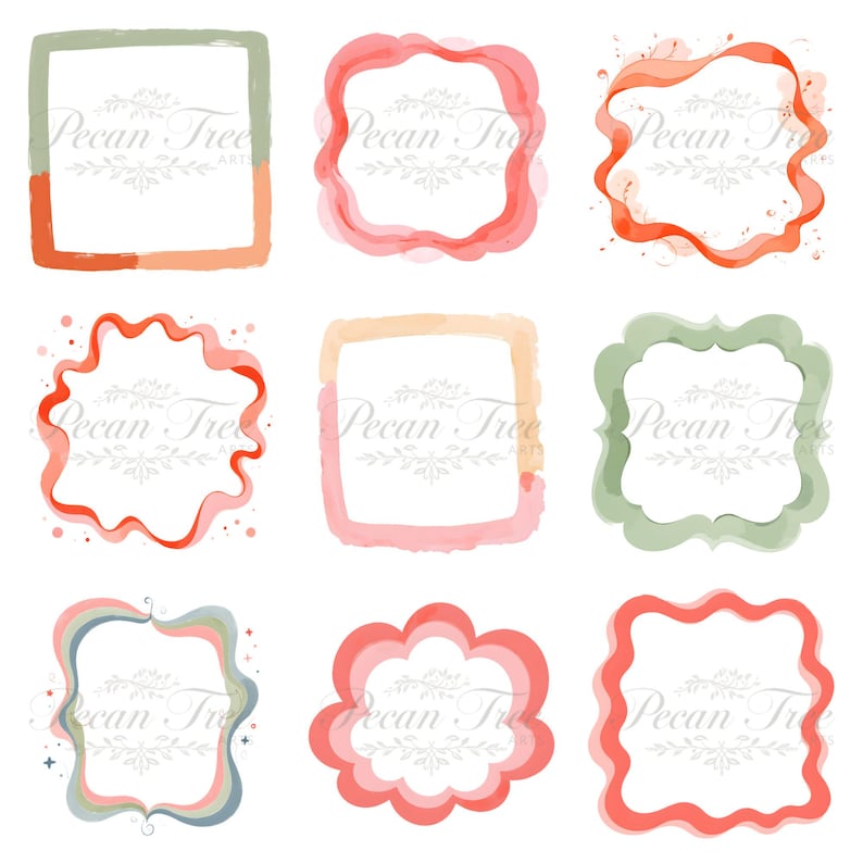 May include: Nine watercolor frames in various shapes and colors. The frames include square, wavy, and cloud-like designs, with colors ranging from green and orange to pink and red. Each frame has the text "Pecan Tree Art" in a decorative font.