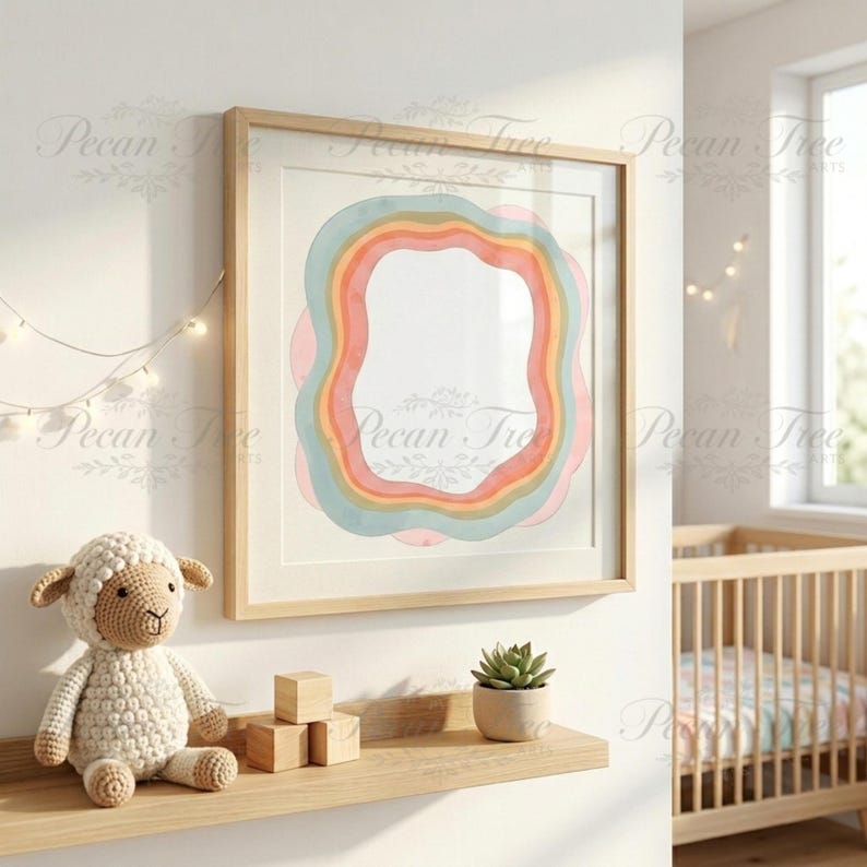 May include: A framed watercolor print with a rainbow design in pastel colors. The artwork is displayed on a white wall, alongside a shelf with a crochet lamb, wooden blocks, and a potted succulent. A crib is visible in the background.