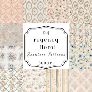 Può includere: Un collage di 24 motivi floreali Regency senza cuciture. I motivi presentano vari disegni floreali in morbidi colori pastello, tra cui rosa, blu e beige. L'immagine include il testo "24 Regency Floral Seamless Patterns 300DPI."