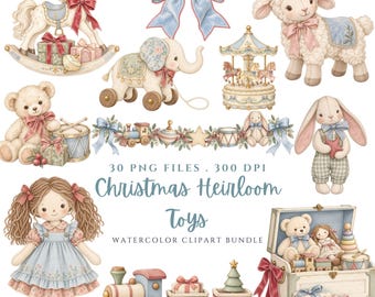 Weihnachtliche Erbstück-Spielzeug-Clipart-Bundle, 30 Vintage-Weihnachts-Aquarell-PNGs, Pastellfarbenes Kinderzimmerspielzeug, Schaukelpferd, Teddybär, Weihnachtskunst