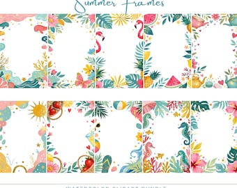 May include: Watercolor clipart bundle featuring ten summer-themed frames. Each frame is decorated with colorful illustrations of tropical elements like flamingos, seahorses, and watermelon slices. The text "Summer Frames" is written in a script font.