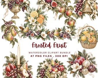 Puede incluir: Una colección digital de ilustraciones en acuarela con frutas escarchadas, incluyendo peras, granadas, uvas y cítricos, dispuestas con ramas de pino, cintas blancas, campanas y velas. El texto dice Frosted Fruit Watercolor Clipart Bundle 47 PNG Files 300 DPI.