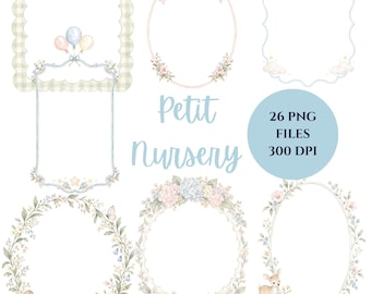 May include: A collection of digital frames and wreaths featuring watercolor illustrations of bows, balloons, flowers, and a small deer. The text reads Petit Nursery 26 PNG FILES 300 DPI. These decorative borders include scalloped edges and oval shapes.