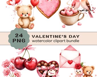 Puede incluir: Paquete de imágenes prediseñadas de acuarela con ilustraciones temáticas del Día de San Valentín. Incluye osos de peluche con globos, galletas en forma de corazón, pájaros, una taza de corazones, cerezas, rosas, una caja de bombones en forma de corazón y un sobre. El texto dice "24 PNG" y "VALENTINE'S DAY watercolor clipart bundle."