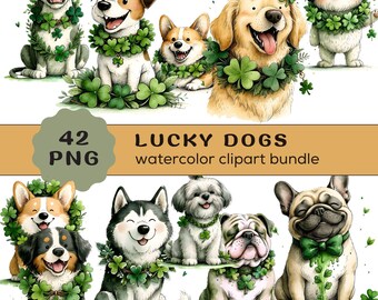 Puede incluir: Una colección digital de ilustraciones en acuarela que muestran varias razas de perros con coronas y collares de tréboles verdes. El texto 42 PNG LUCKY DOGS watercolor clipart bundle aparece en el centro sobre un fondo color canela.
