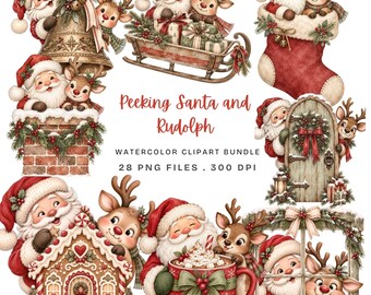 Puede incluir: Un conjunto de ilustraciones digitales en acuarela que muestran a Santa Claus y un reno en varias escenas festivas, incluyendo una campana, trineo, calcetín, chimenea, puerta, casa de jengibre, taza y ventana, con el texto Peeking Santa and Rudolph.