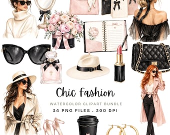 Puede incluir: Una colección digital de ilustraciones en acuarela con temática de moda que incluye bolsos, gafas de sol, perfume, flores, agenda, sombrero, tacones, taza de café, aros dorados y figuras con el texto Chic Fashion.