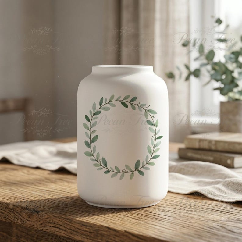 May include: A white ceramic vase with a green leaf wreath design. The vase is cylindrical with a slightly rounded top and sits on a wooden table. The wreath is composed of green leaves and small berries.