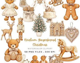 Puede incluir: Una colección de ilustraciones en acuarela que presenta figuras de pan de jengibre, un calcetín navideño, un trineo, un cascanueces, un reno, un oso de peluche, un caballito balancín, un árbol de Navidad, una casa, un pastel y un adorno de corazón.