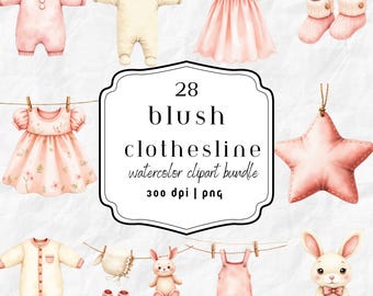 Puede incluir: Conjunto de imágenes prediseñadas de acuarela con ropa de bebé y un adorno de estrella colgados de un tendedero. Los artículos son de color rosa suave y crema. El texto de la imagen dice "28 blush clothesline watercolor clipart bundle 300 dpi | png."