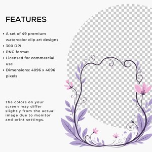May include: A floral frame design with a transparent center, featuring a border of purple leaves and pink flowers. The image includes the text "FEATURES" and details about the clip art designs, including dimensions of 4096 x 4096 pixels.