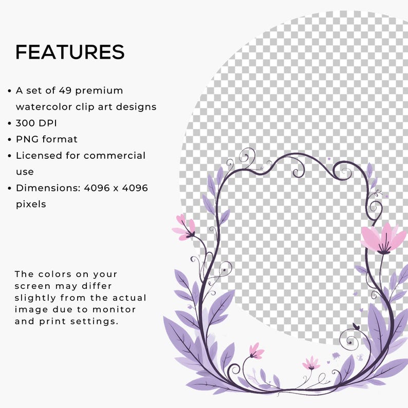 May include: A floral frame design with a transparent center, featuring a border of purple leaves and pink flowers. The image includes the text "FEATURES" and details about the clip art designs, including dimensions of 4096 x 4096 pixels.