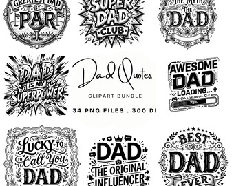 Paquete de imágenes prediseñadas PNG con frases y distintivos para padres, descarga digital.