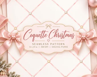 Puede incluir: Una hoja de papel digital con fondo blanco, patrón de celosía rosa, estrellas doradas y perlas. Una etiqueta central muestra el texto Coquette Christmas SEAMLESS PATTERN 30,48 x 30,48 cm | 300 DPI | DIGITAL PAPER con un icono de lazo.
