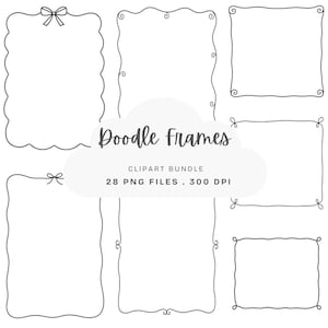 Può includere: Una collezione di cornici scarabocchiate disegnate a mano in bianco e nero in varie forme rettangolari con bordi ondulati, smerlati e ad anello. Il testo centrale recita Doodle frames CLIPART BUNDLE 28 PNG FILES . 300 DPI. Questi elementi grafici digitali presentano semplici disegni al tratto.