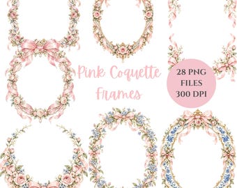 May include: A collection of decorative frames featuring pink ribbons, bows, and floral arrangements in various shapes including oval, rectangular, and corner designs. The text Pink Coquette frames 28 PNG FILES 300 DPI is displayed in the center.