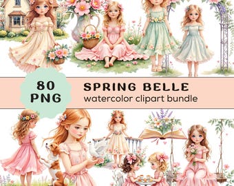 Puede incluir: Un conjunto de imágenes prediseñadas de acuarela titulado "Spring Belle" con ilustraciones de niñas con vestidos pastel, flores y una casa. La imagen incluye el texto "80 PNG". El tema general es la primavera y la infancia.