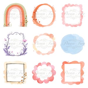 May include: A collection of nine watercolor design elements. The designs include a rainbow, circles, and squares in shades of orange, pink, and blue. Some elements are decorated with floral accents and a hand-drawn style.