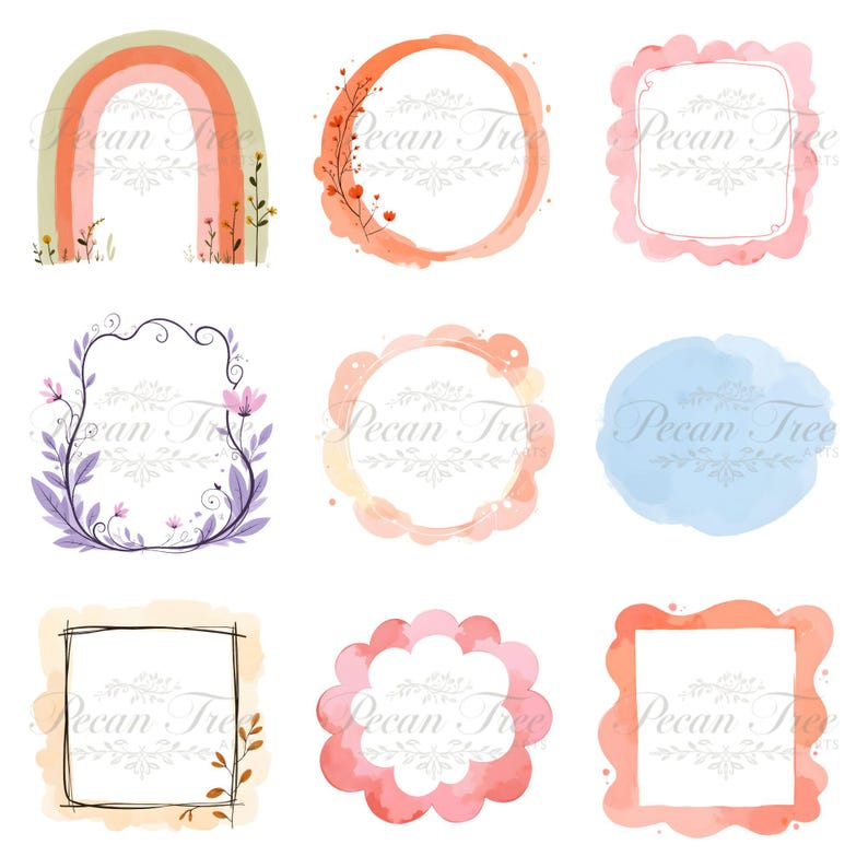 May include: A collection of nine watercolor design elements. The designs include a rainbow, circles, and squares in shades of orange, pink, and blue. Some elements are decorated with floral accents and a hand-drawn style.