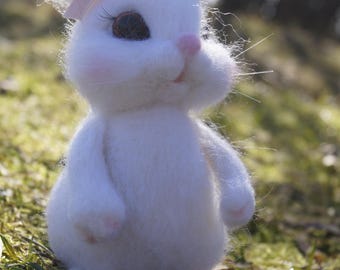 White Felted Bunny with Pink Bows, Needle Felted Rabbit Sculpture, Cute Coquette Style Decor, Handmade Miniature Bunny, Gift for Her