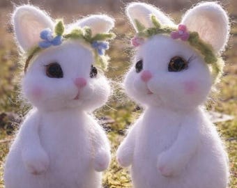 Tiny White Felted Bunny with Blue Flower Crown, Needle Felted Rabbit Miniature, Cute Forest Creature Art, Waldorf Wool Toy, Easter Gift