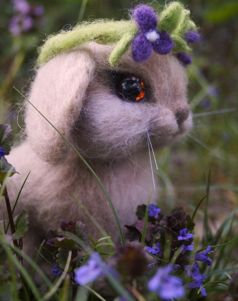 Realistic Needle Felted Bunny With Flower Crown, Handmade Wool Rabbit ...