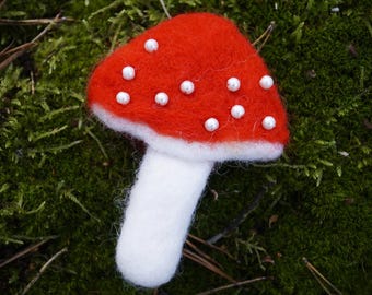 Needle Felted Mushroom Brooch - Red Toadstool Pin with Beads - Fly Agaric Wool Jewelry - Woodland Forest Accessory - Cute Mushroom Gift