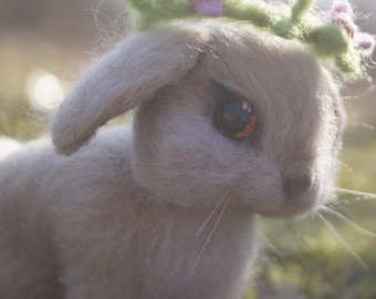 Realistic Needle Felted Bunny with Flower Crown, Handmade Wool Rabbit Sculpture, Soft Easter Bunny Figurine, Collectible Animal Art