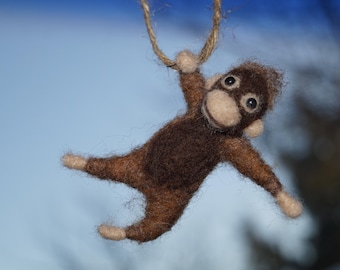 Needle Felted Monkey Car Charm – Handmade Hanging Ornament – Cute Rear View Mirror Decor – Funny Gift