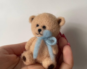 Tiny Needle Felted Teddy Bear with Blue Bow, Miniature Wool Bear Figurine, Handcrafted Animal, Small Pocket Unique Gift for Teddy Lovers