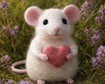 Needle Felted Mouse with Heart, Valentine’s Day Gift for Her, Cute Wool Mouse Figurine, Handmade White Mouse Soft Sculpture
