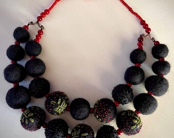 Black Felted Necklace with Embroidery and Beads, Handcrafted Wool Jewelry, Elegant Embroidered Textile Necklace, Unique Gift for Her
