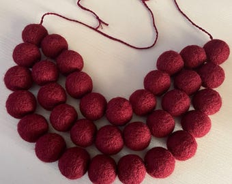 Burgundy Felted Bead Necklace, Deep Red Wool Statement Jewelry, Marsala Textile Necklace for Women, Handmade Gift, Boho Style Accessory