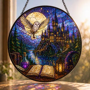 May include: A circular stained glass suncatcher featuring a castle, a flying owl carrying a letter, a full moon, an open book, a potion bottle, and a lantern. The design uses vibrant shades of blue, purple, yellow, and green with intricate details.
